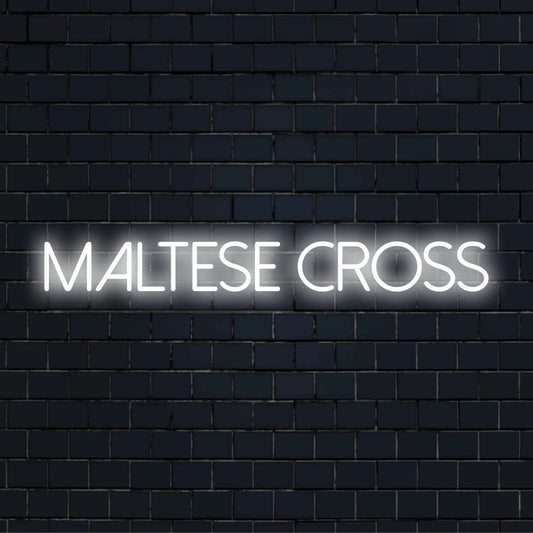 Maltese Cross Neon Light with bright neon lettering on black brick background