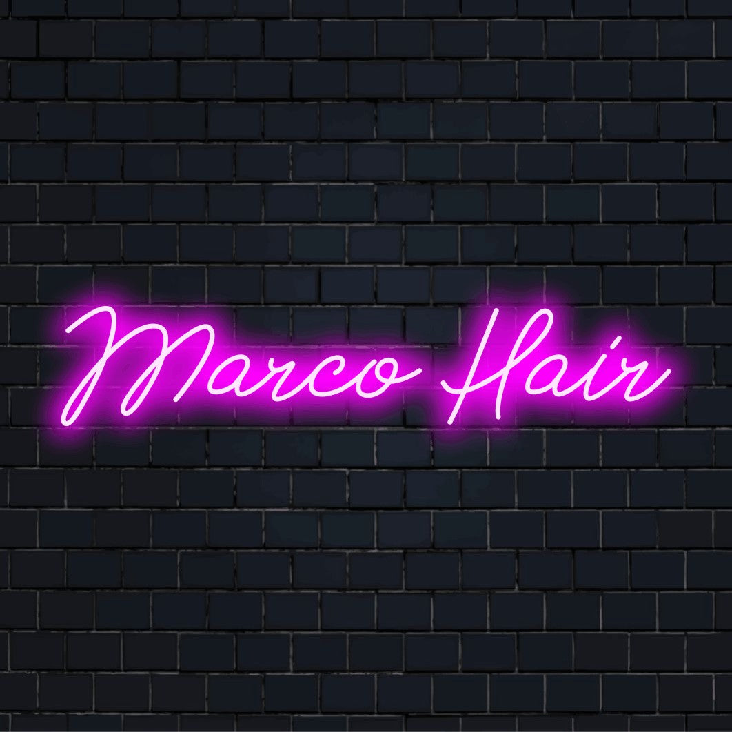 Marco Hair Custom Name Neon Sign, bright LED glow against black brick wall