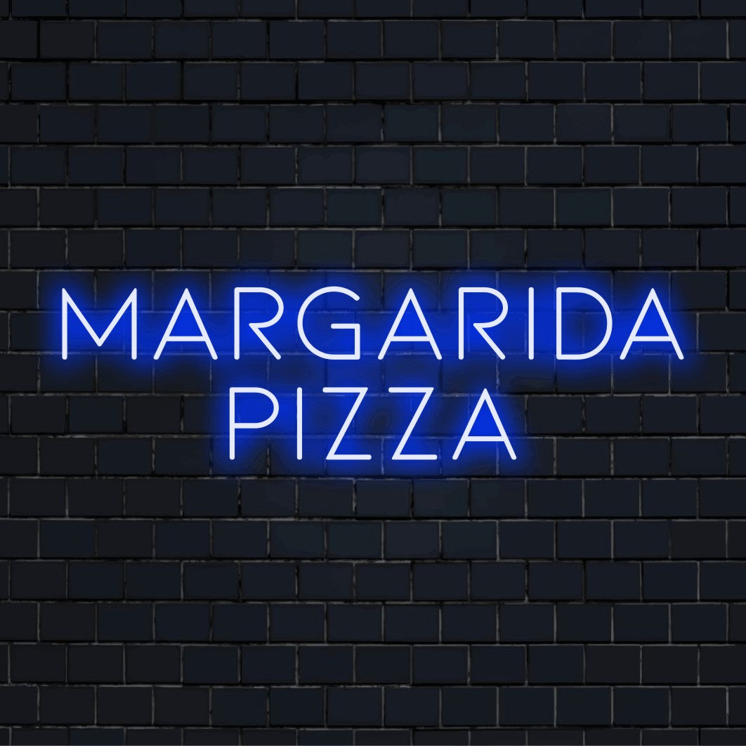 Margarida Pizza Personalized Neon Light with glowing lettering on black brick background