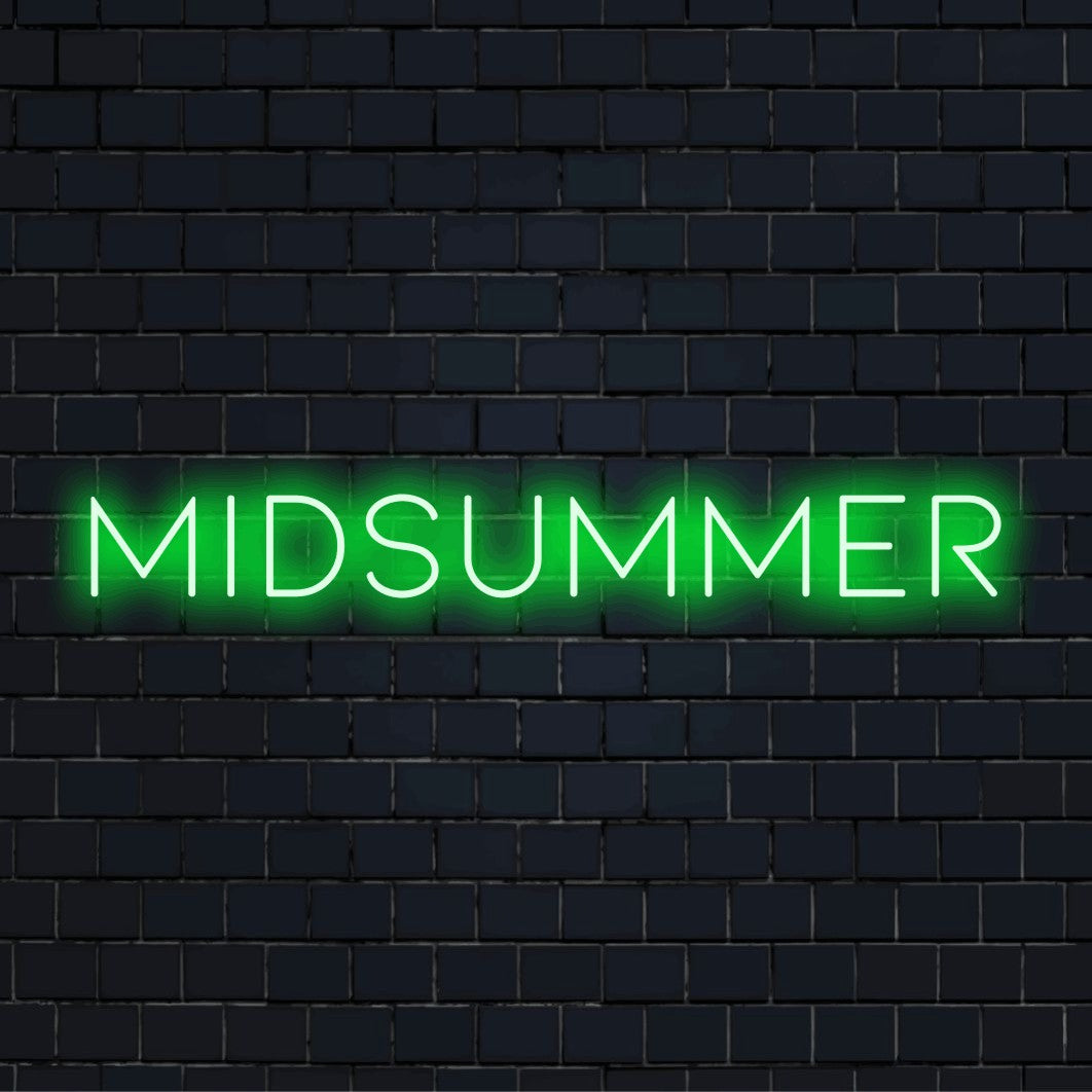 Midsummer Neon Sign, soft neon glow on dark brick background