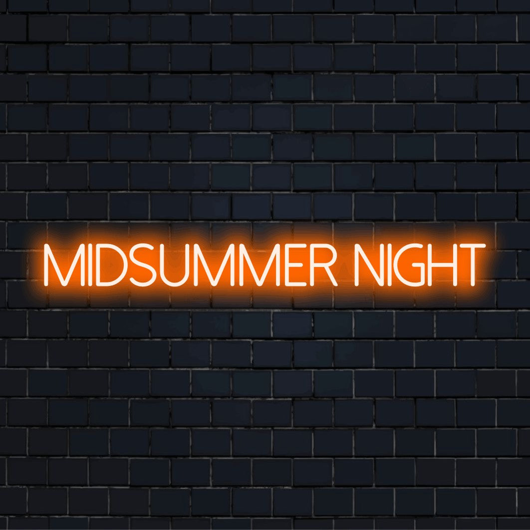 Midsummer Night LED Neon Sign, soft neon glow on black brick background