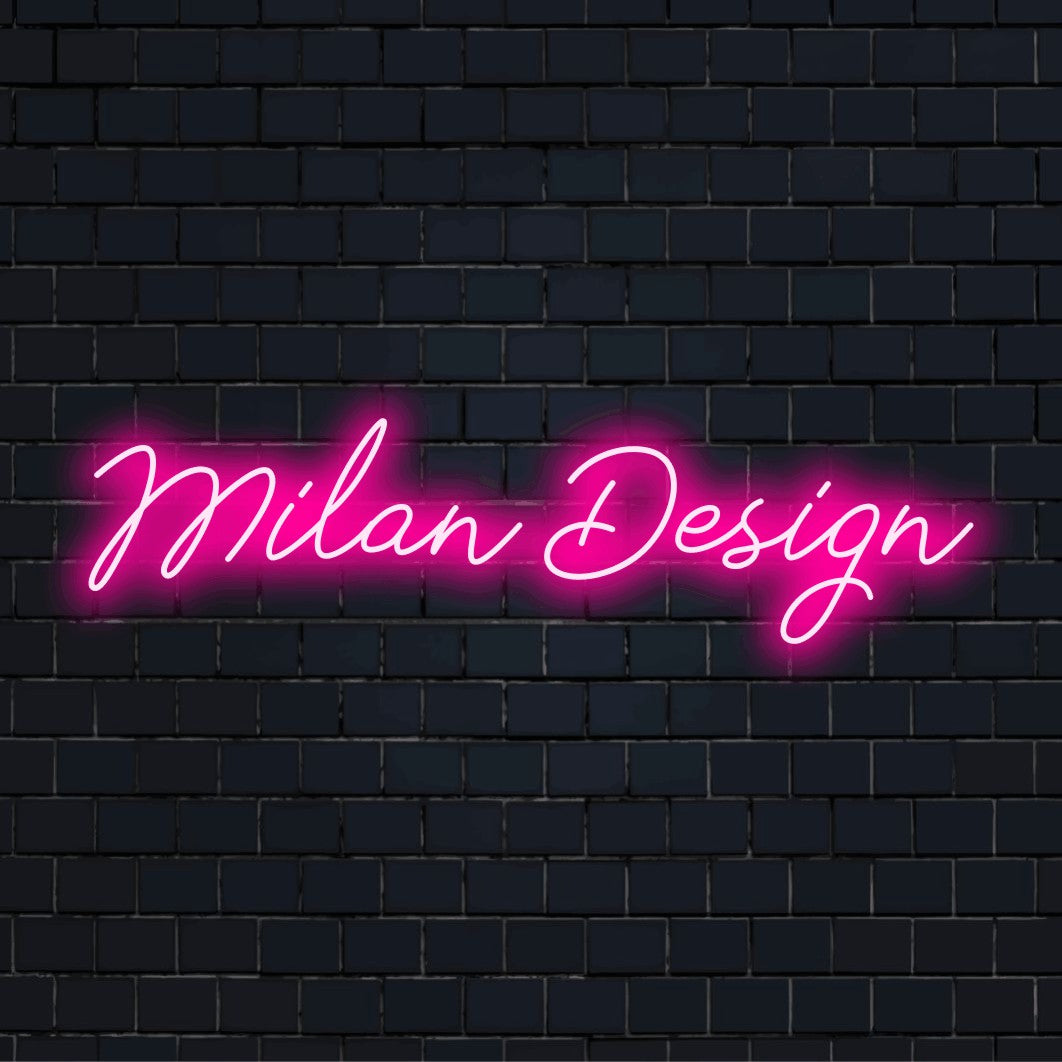 Milan Design Neon Light with glowing neon text against brick backdrop