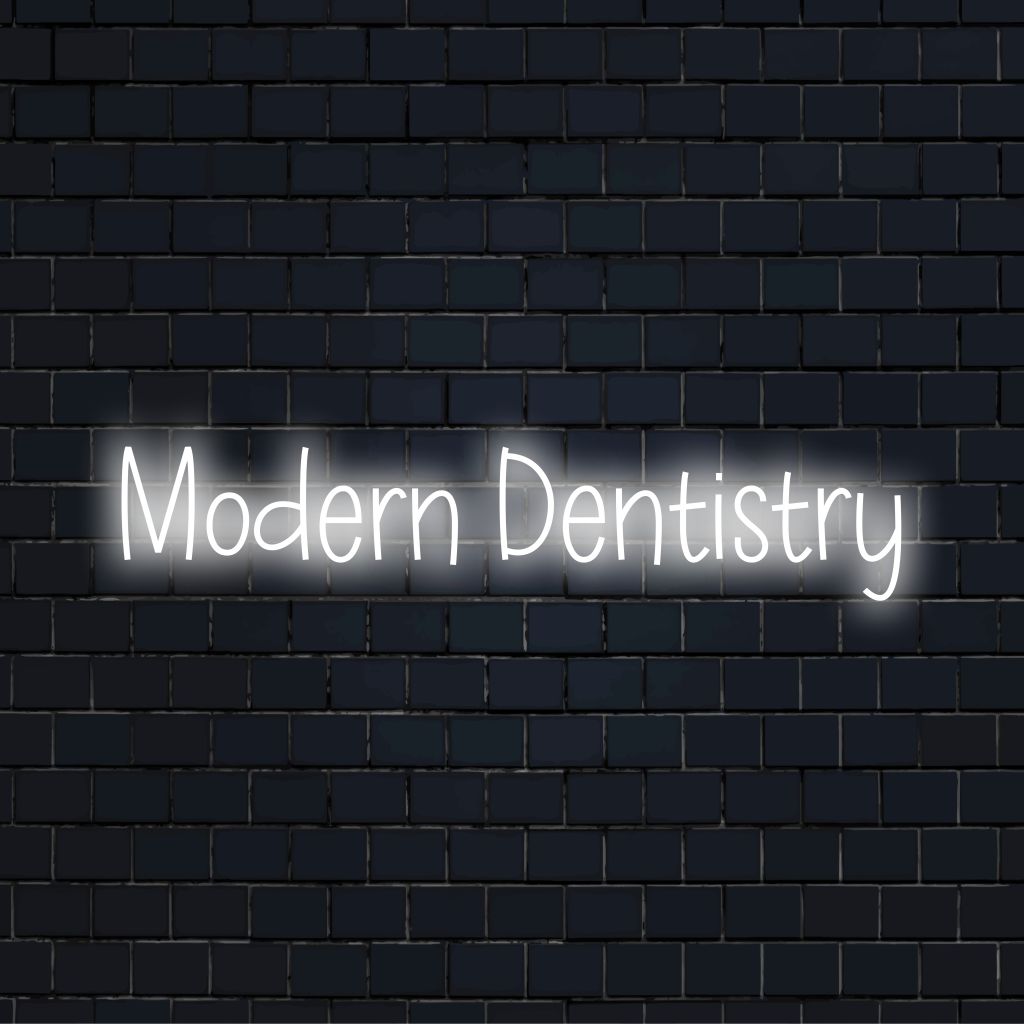Modern Dentistry Neon Sign, bright LED glow against black brick wall