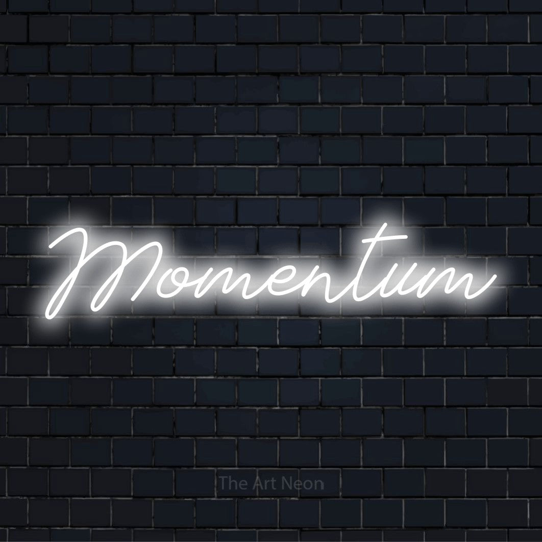 "Momentum" neon text design on a black brick wall