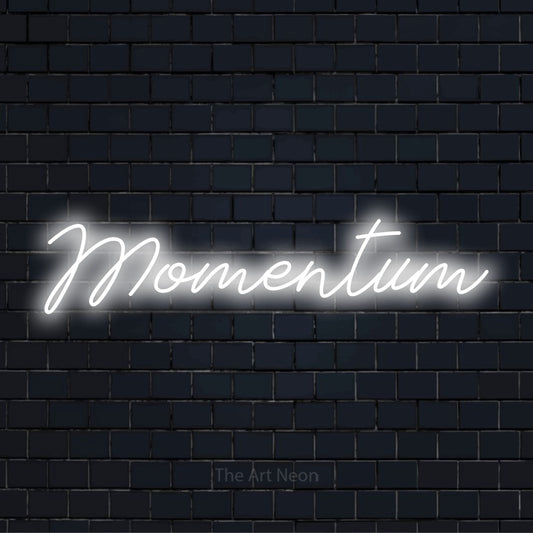 "Momentum" neon text design on a black brick wall