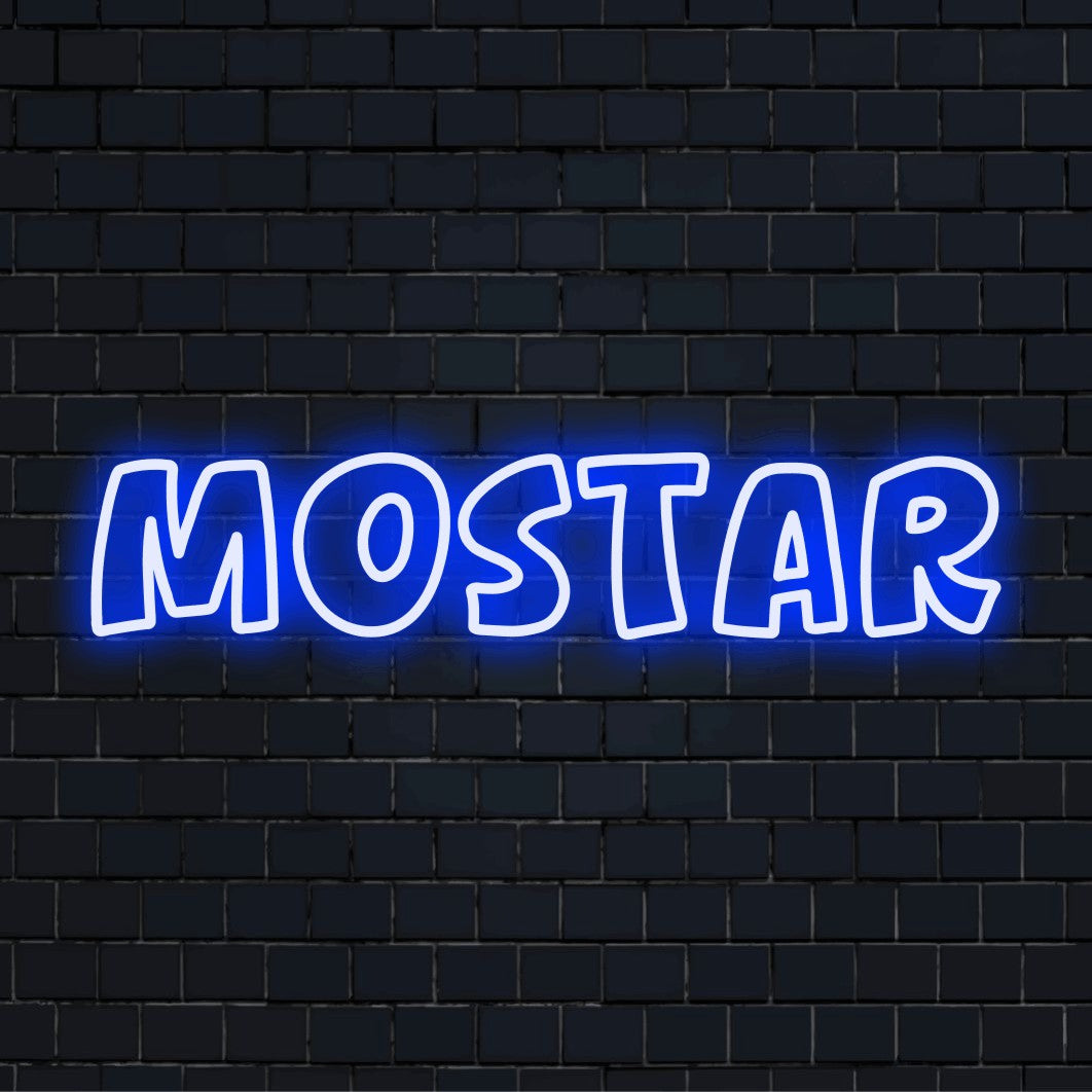Mostar LED Neon Sign, bright neon lettering on black brick background