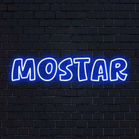 Mostar LED Neon Sign, bright neon lettering on black brick background