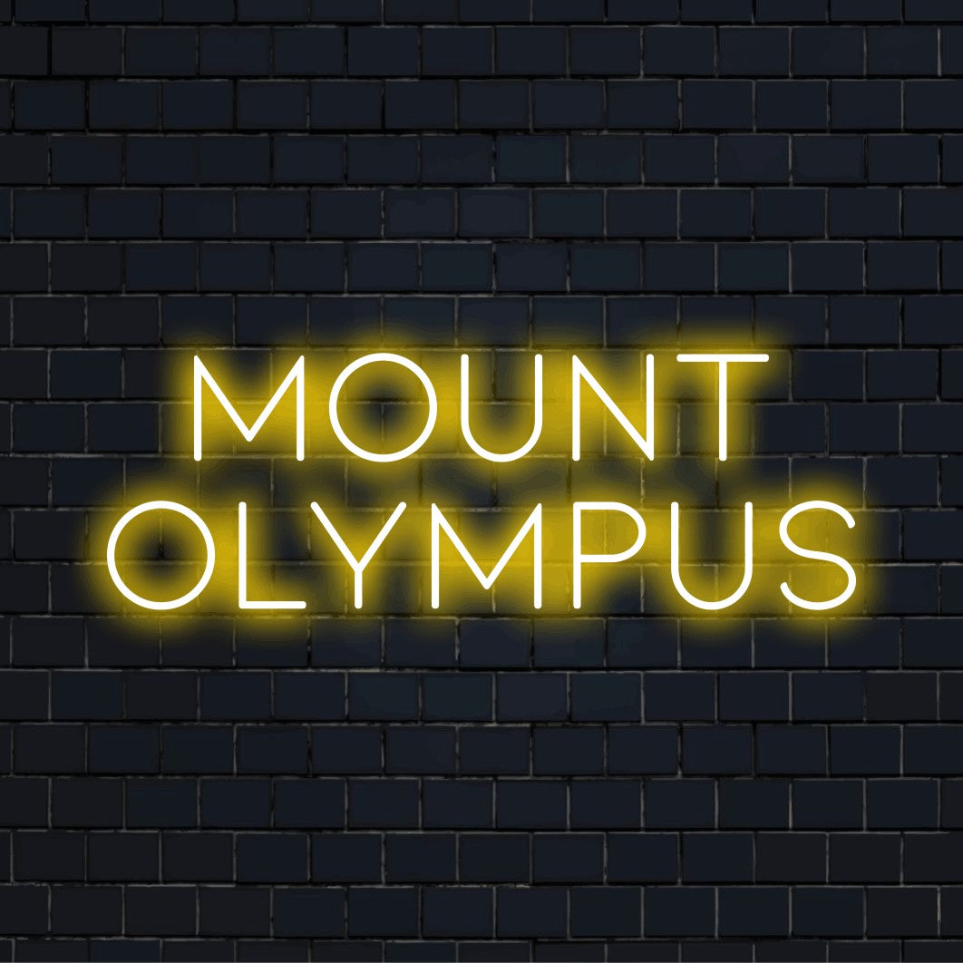 Mount Olympus Neon Light with bright neon glow against black brick wall