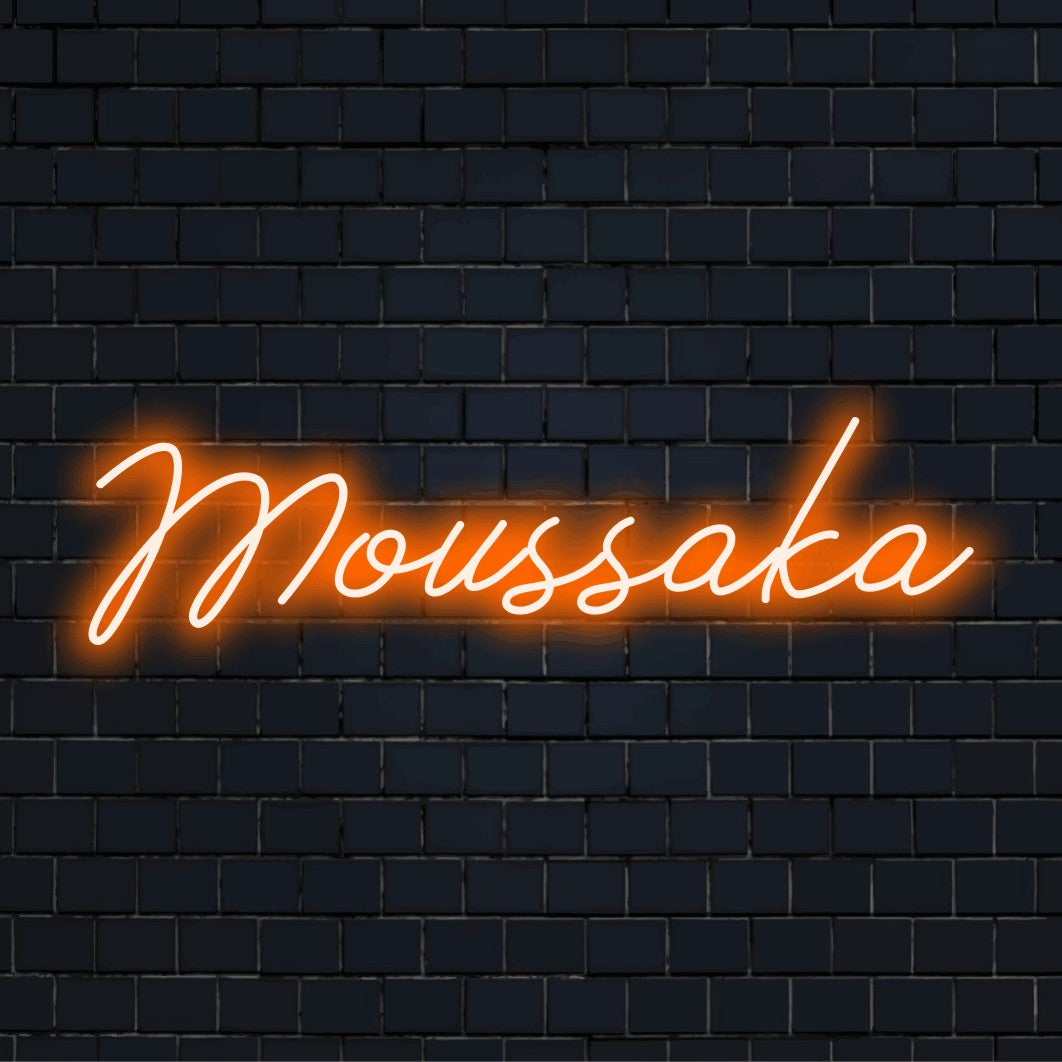 Moussaka LED Neon Sign, bright LED glow against brick backdrop
