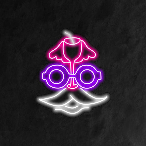Uma placa de neon com inspiração retrô, com um rosto charmoso, um bigode estiloso, óculos modernos e um coquetel na mão.