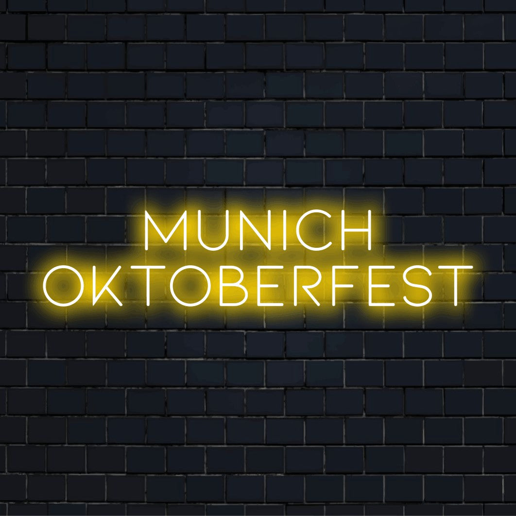 Munich Oktoberfest Neon Light with glowing neon text on dark brick background