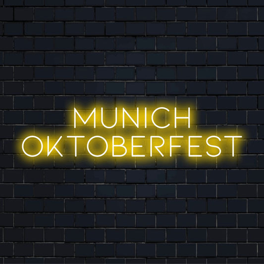 Munich Oktoberfest Neon Light with glowing neon text on dark brick background