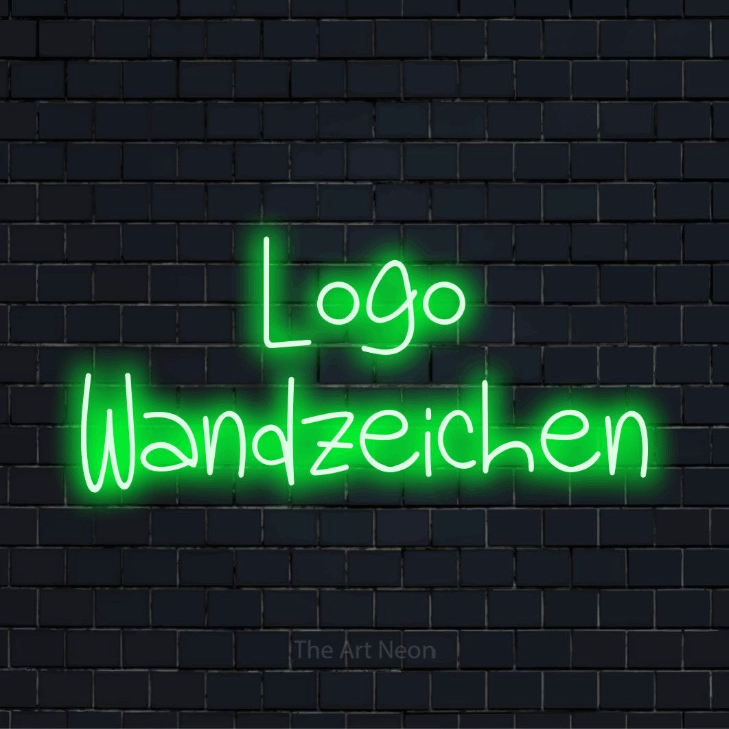 LED-Neonschild mit dem Design „Logo Wandzeichen“ auf dunkler Ziegelwand