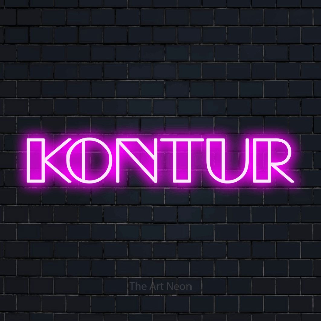 LED-Neonschild mit dem Text „Kontur“ auf dunkler Ziegelwand