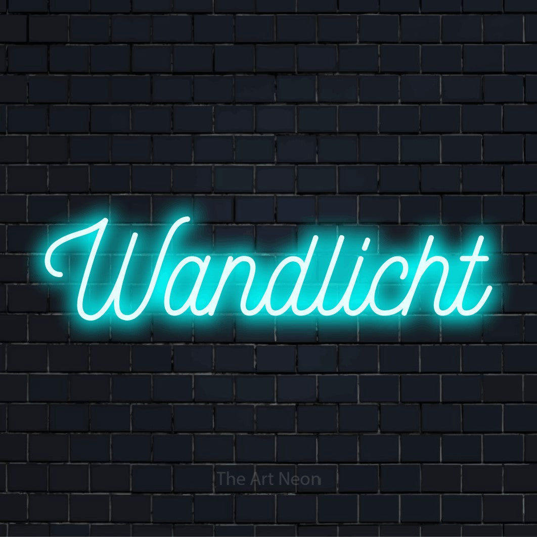 LED-Neonschild mit dem Text „Wandlicht“ auf dunkler Ziegelwand