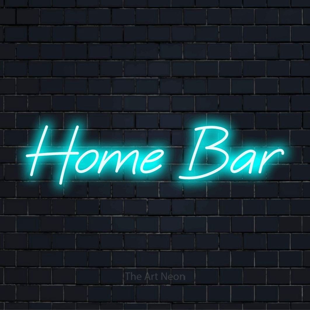 LED-Neonschild mit dem Text „Home Bar“ auf dunkler Ziegelwand