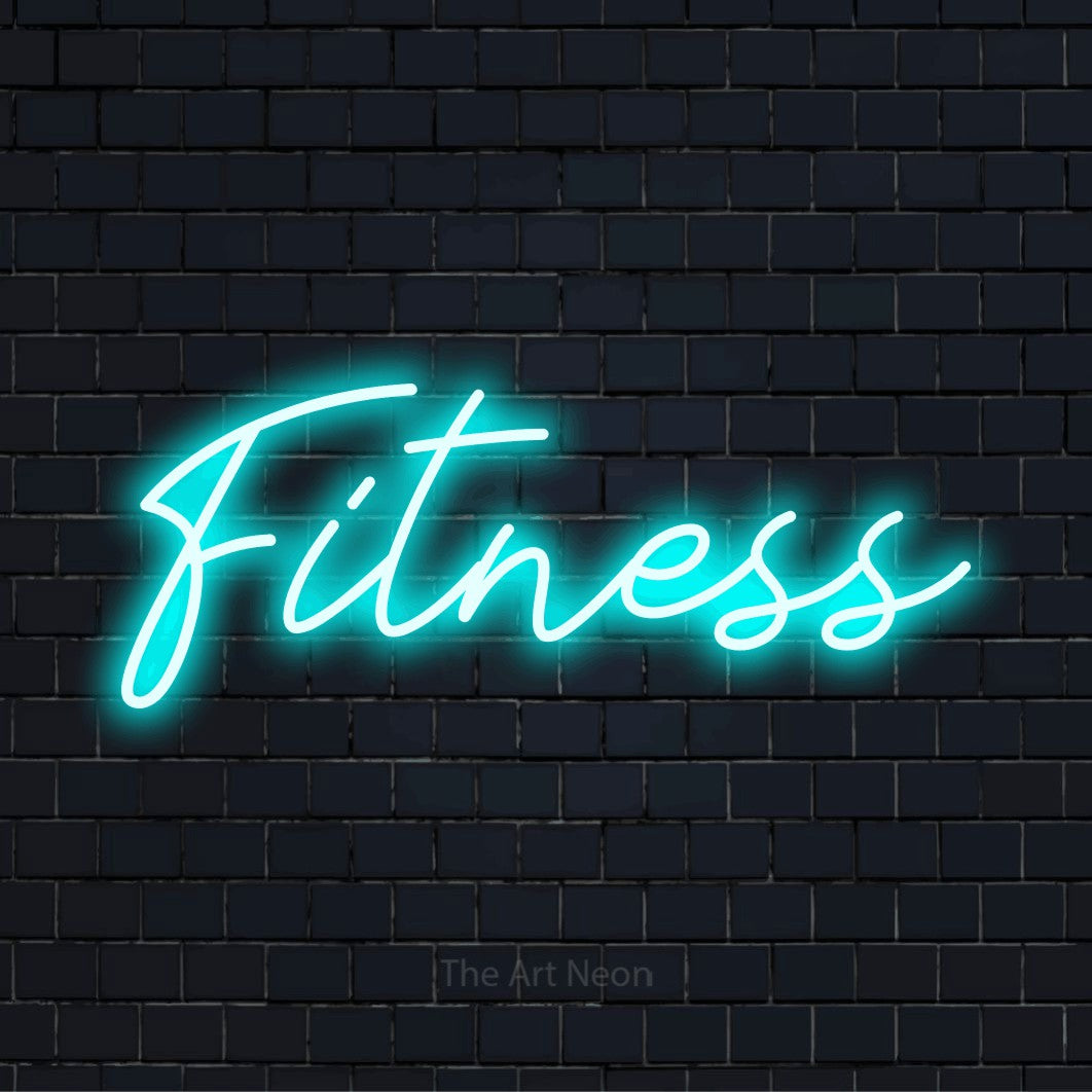 LED-Neonschild mit dem Text „Fitness“ auf dunkler Ziegelwand
