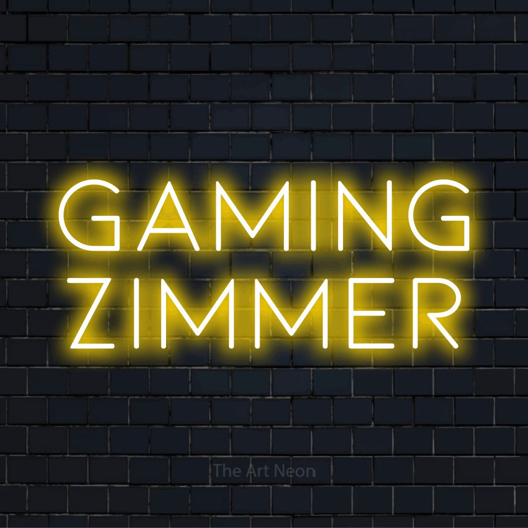 LED-Neonschild mit dem Text „Gaming Zimmer“ auf dunkler Ziegelwand