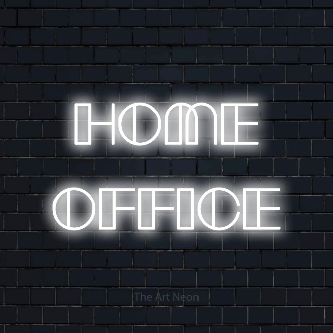 LED-Neonschild mit dem Text „Home Office“ auf dunkler Ziegelwand