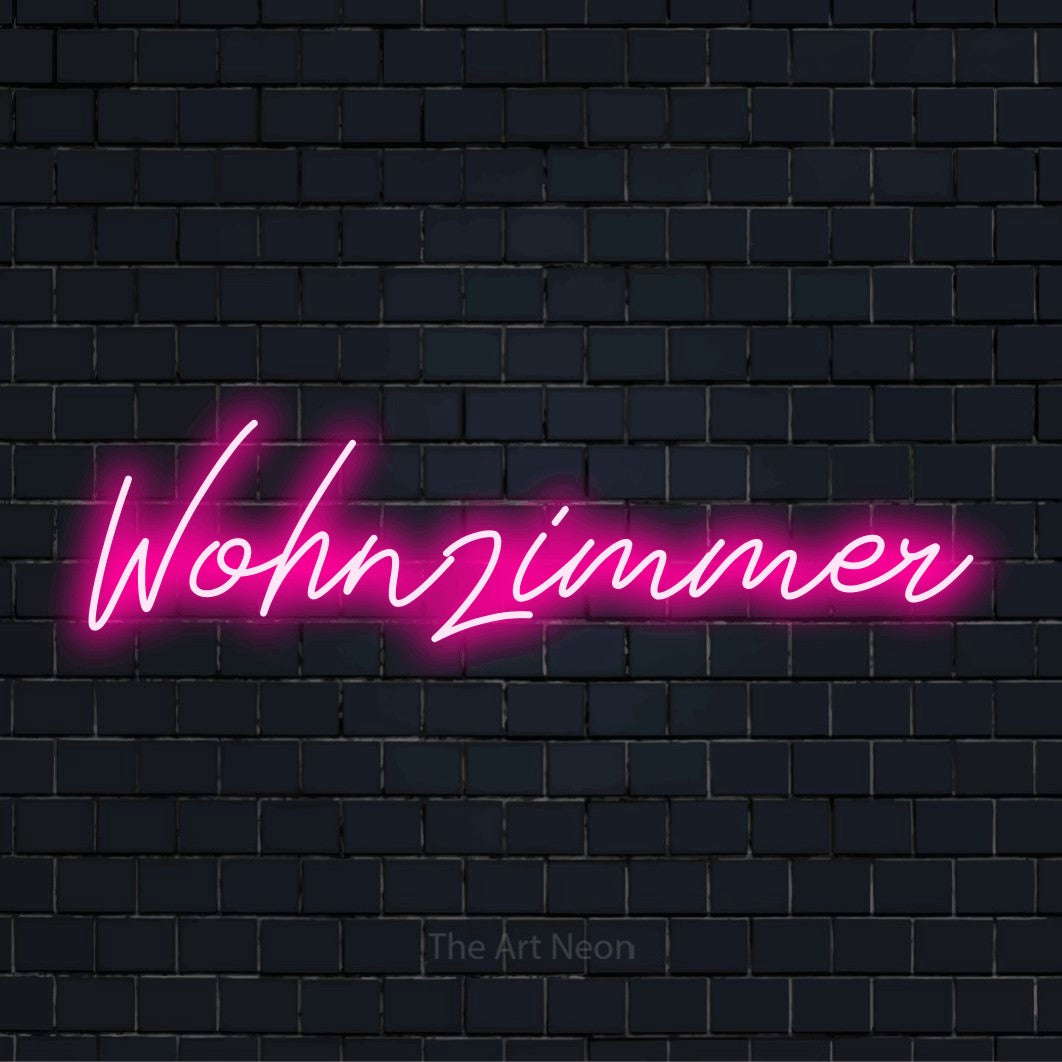LED-Neonschild mit dem Text „Wohnzimmer“ auf dunkler Ziegelwand