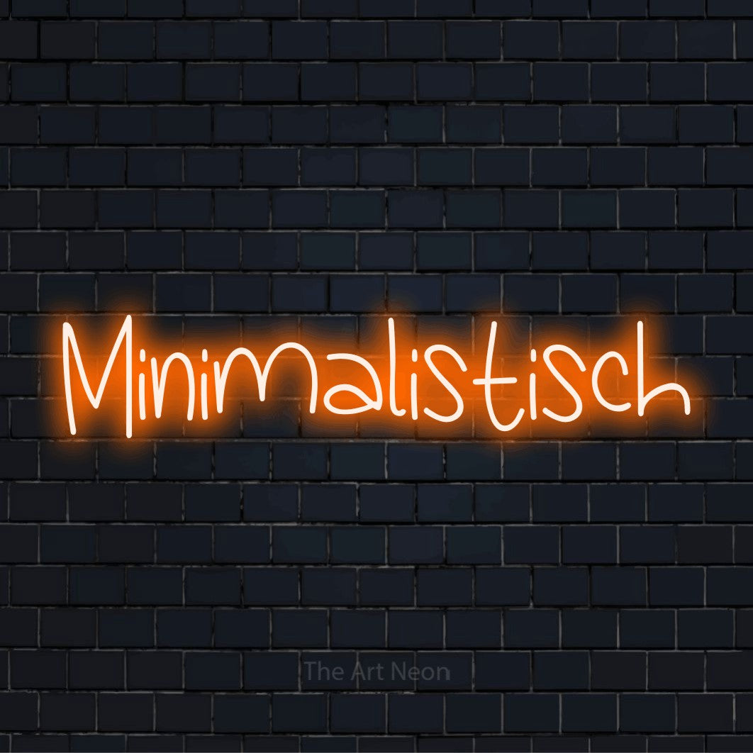 LED-Neonschild mit dem Text „Minimalistisch“ auf dunkler Ziegelwand