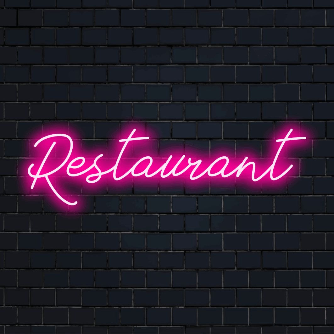 LED-Neonschild mit dem Text „Restaurant“ auf dunkler Ziegelwand