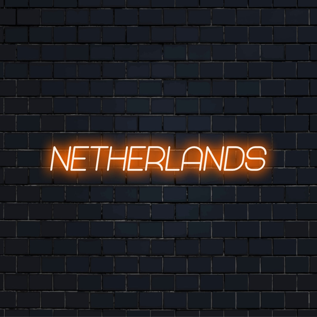 Netherlands LED Neon Sign, glowing neon text on black brick background