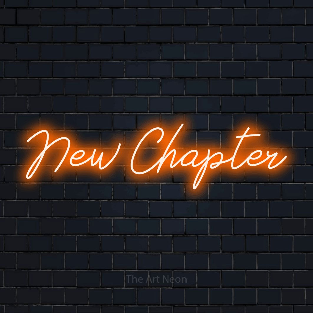"New Chapter" LED neon sign on a black brick wall