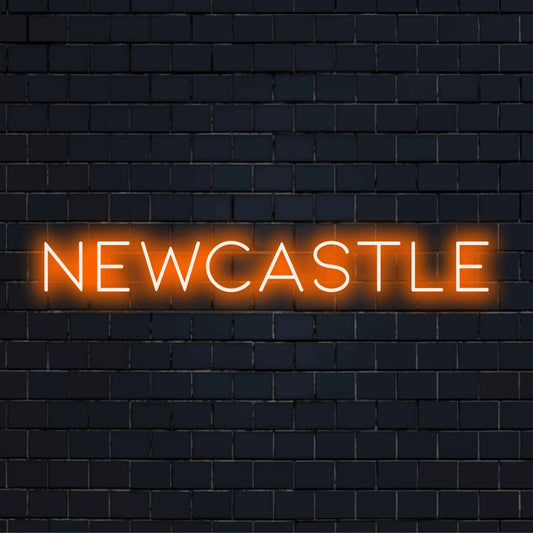 Newcastle Neon Sign, bright neon lettering against black brick wall