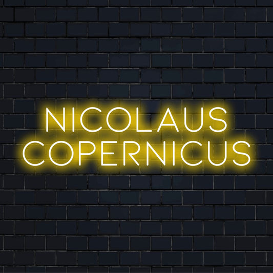 Nicolaus Copernicus LED Neon Sign, glowing lettering on black brick background