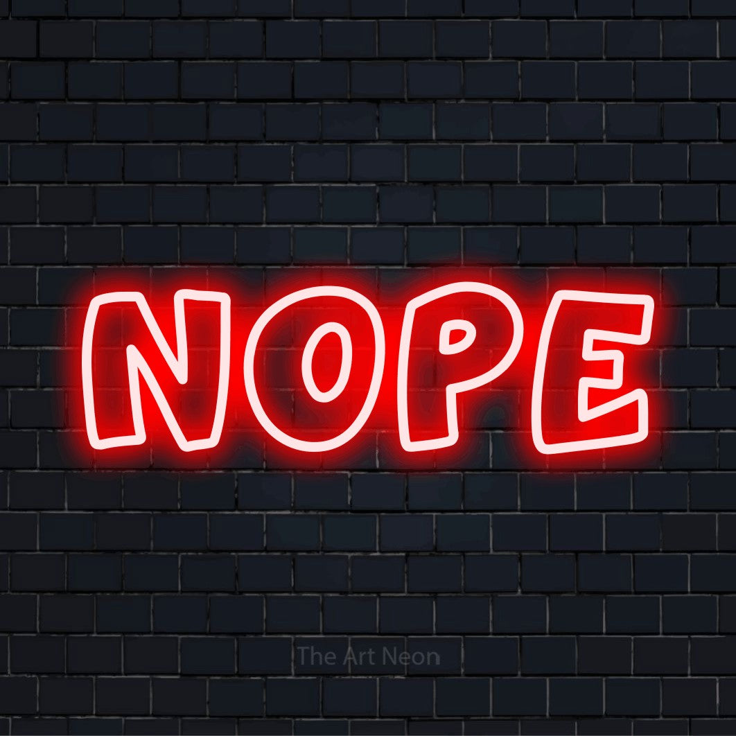 "Nope" LED neon sign on a black brick wall