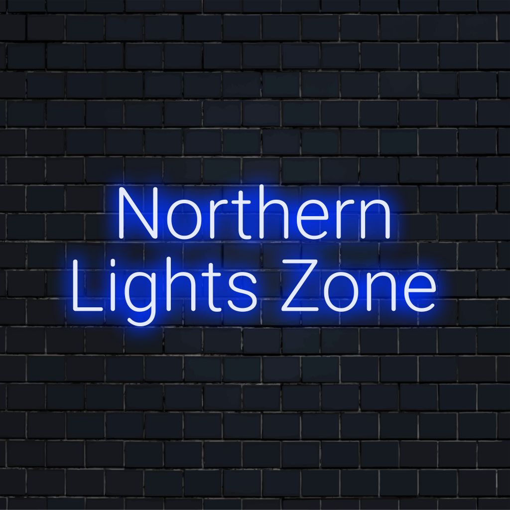 Northern Lights Zone Neon Light with glowing neon text against black brick wall
