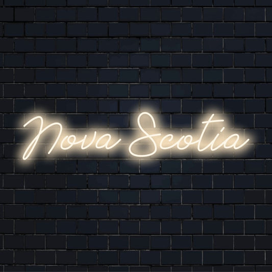 Nova Scotia Neon Light with neon text light against black brick wall