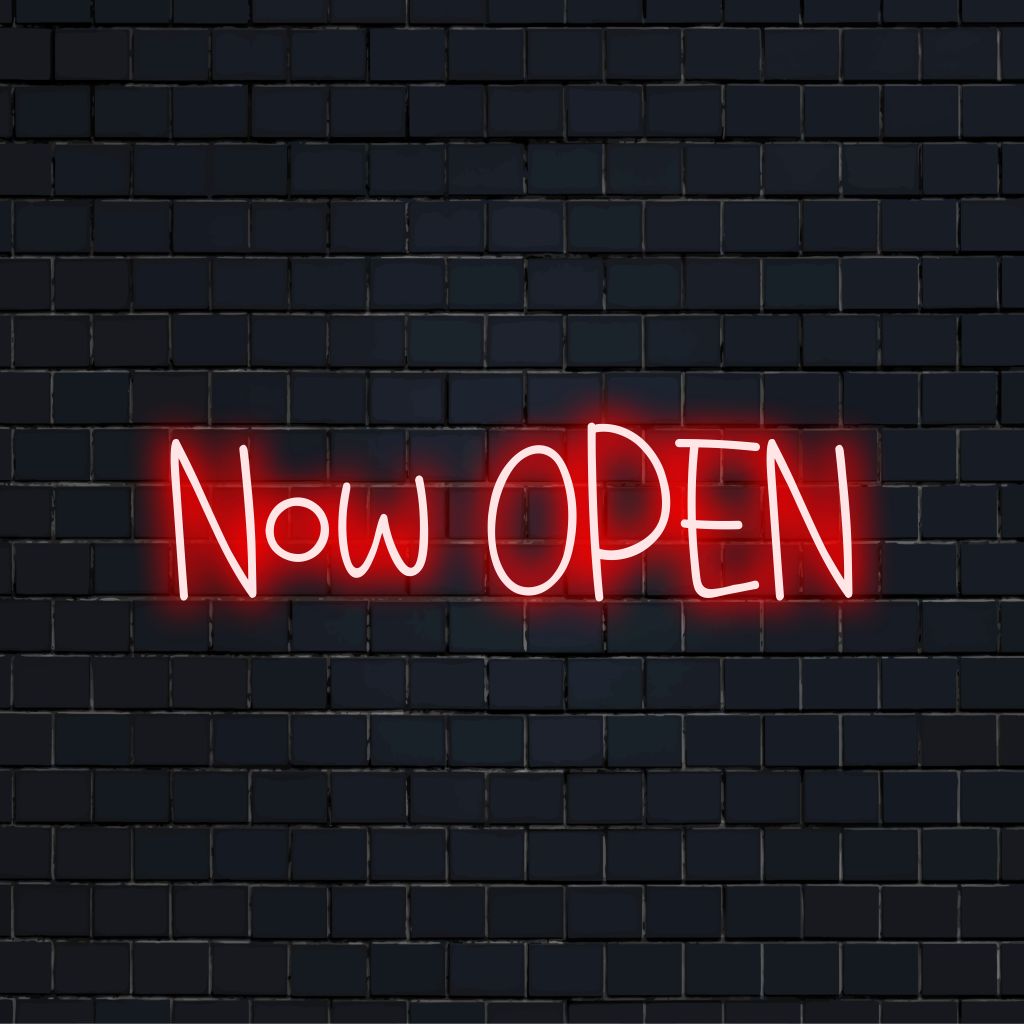 Now Open Neon Sign, glowing neon text on black brick background