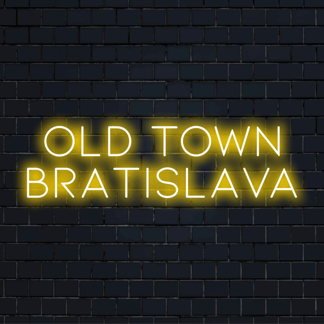 Old Town Bratislava LED Neon Sign, neon text light on dark brick background