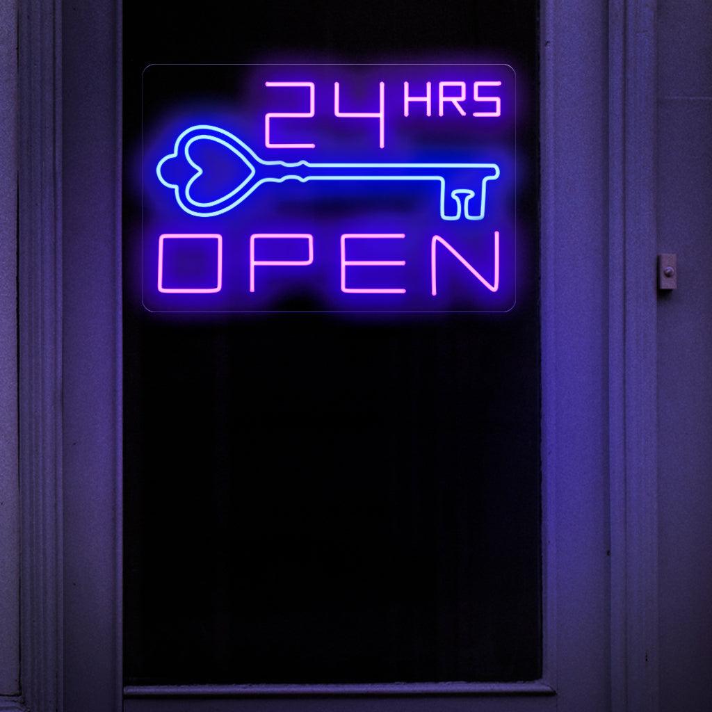 Um letreiro de neon chamativo exibindo orgulhosamente as palavras "Aberto 24 horas" em letras grandes e brilhantes,