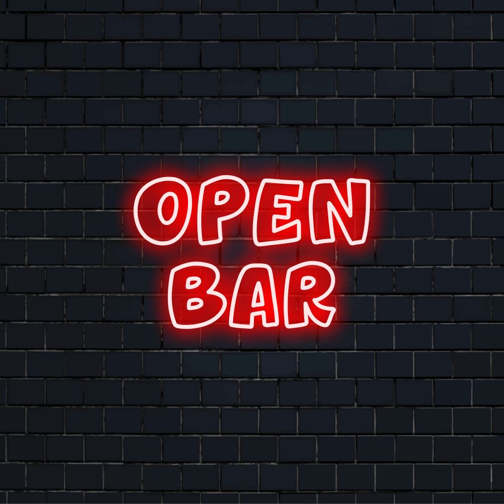 Open Bar Neon Light with neon text light on black brick background