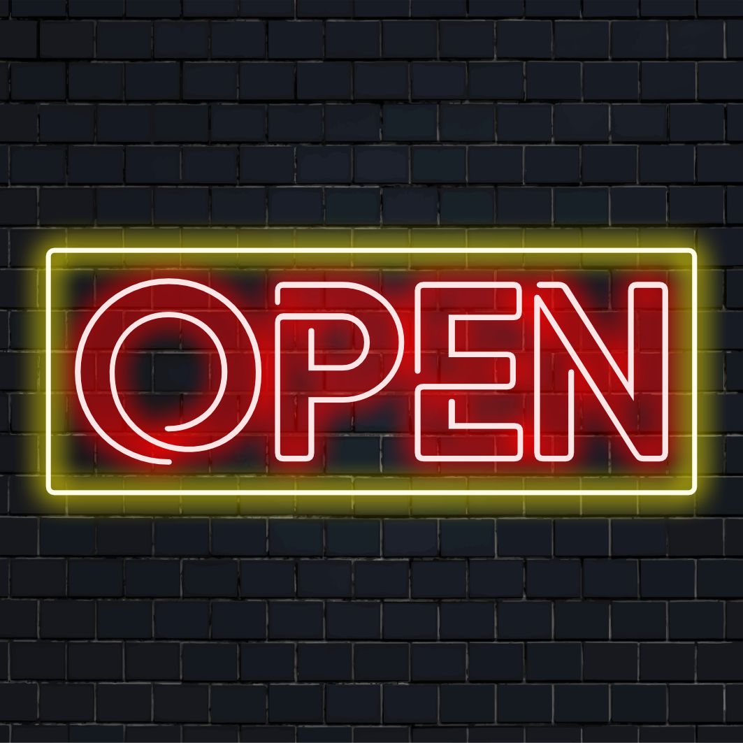 Placa de neon LED personalizada com design "aberto"; perfeita como decoração de luz neon vibrante ou placa comercial.