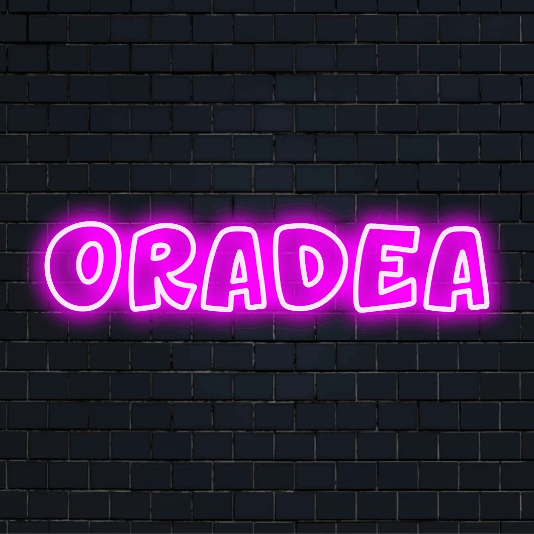 Oradea LED Neon Sign, bright LED glow on dark brick background