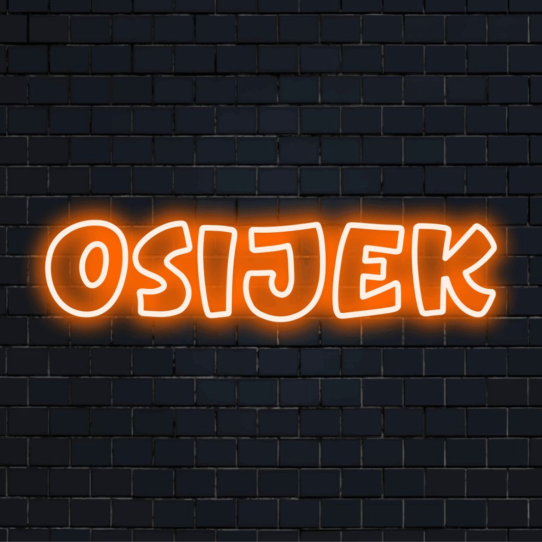 Osijek LED Neon Sign, glowing lettering on dark brick wall