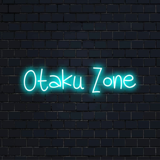 Otaku Zone LED Neon Sign, glowing lettering on black brick background