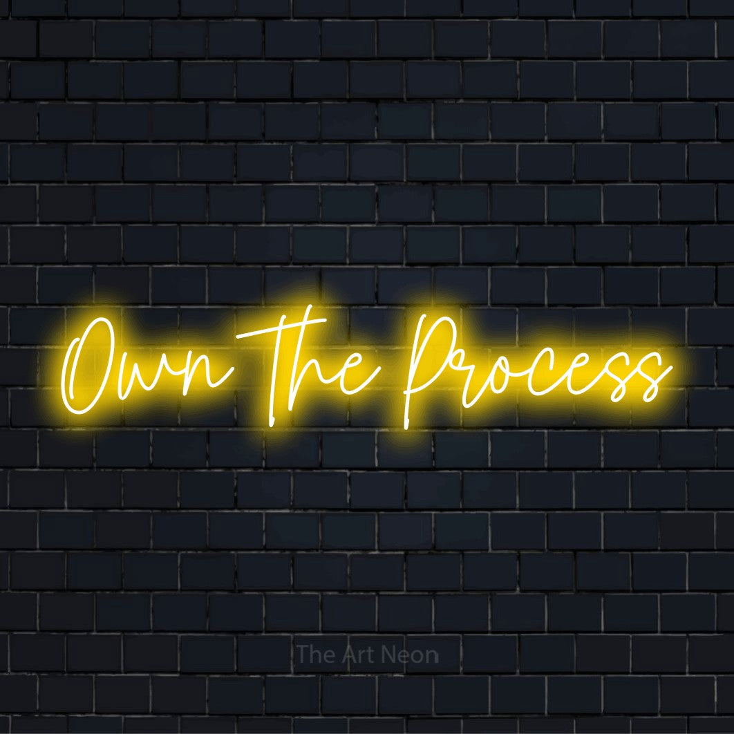 "Own The Process" script-style LED neon sign on a black brick wall