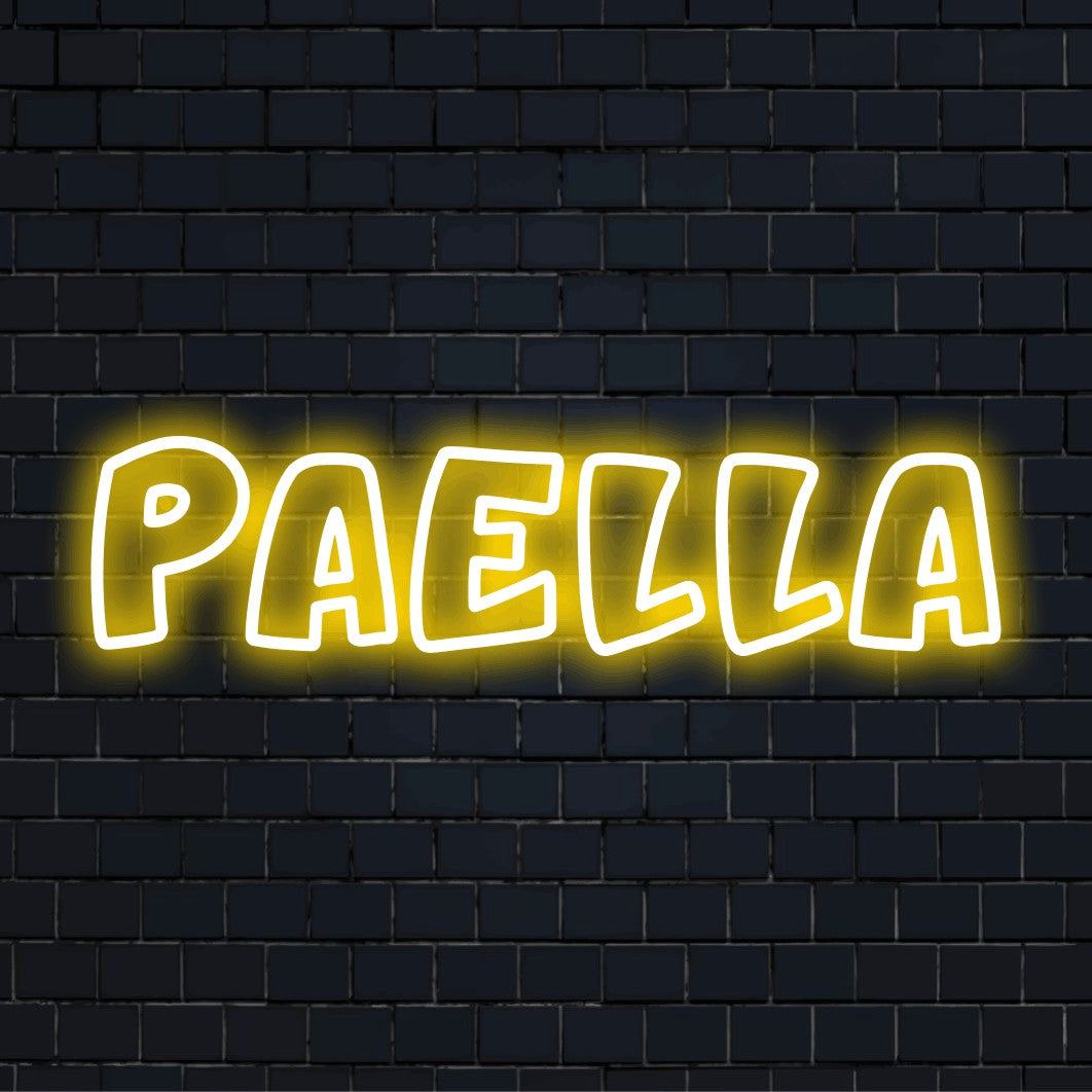 Paella Neon Sign, glowing lettering on dark brick background