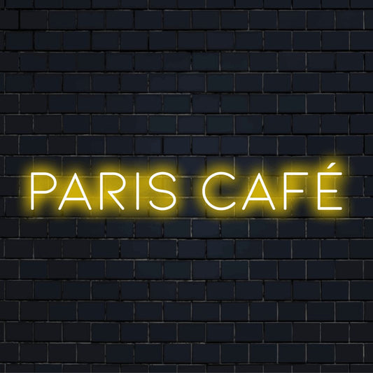 Paris Caf Neon Sign, neon text light on black brick background