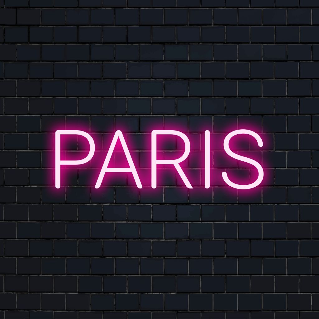 Paris LED Neon Sign, neon text light against brick backdrop