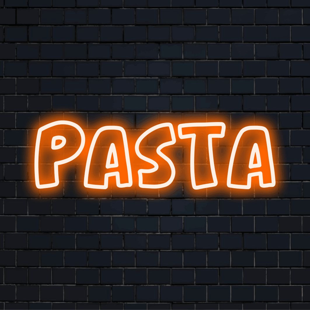 Pasta Neon Light with bright neon glow against brick backdrop