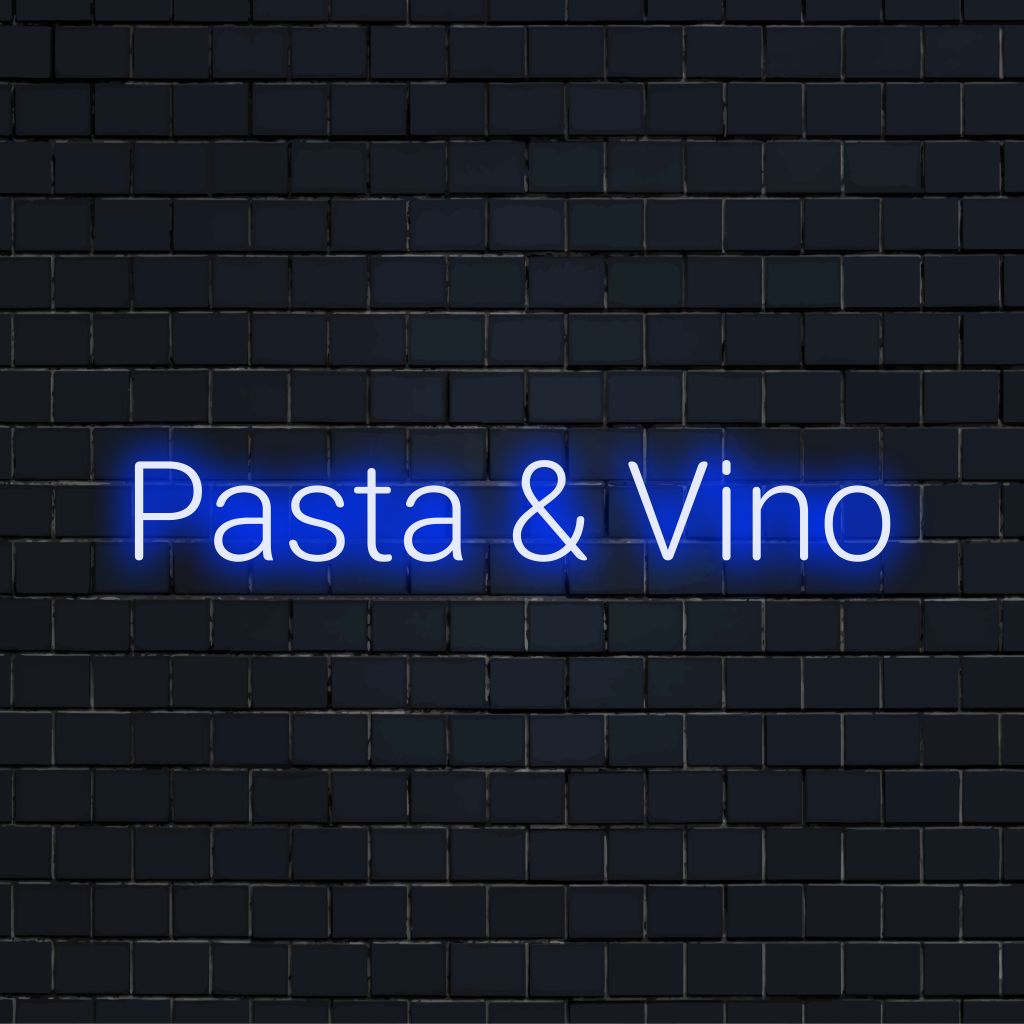 Pasta Vino LED Neon Sign, bright neon lettering against brick backdrop