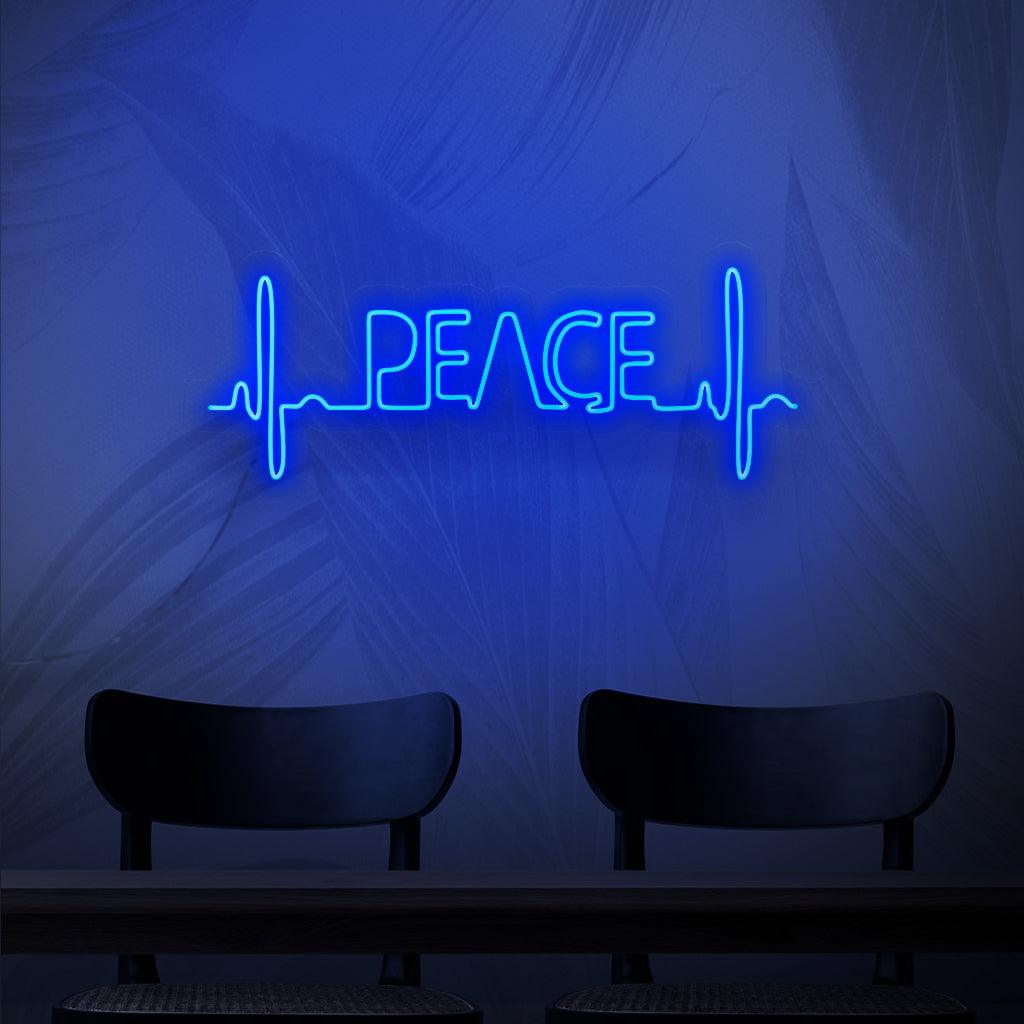 Um letreiro de neon hipnotizante com um padrão de batimentos cardíacos pulsantes e a palavra "paz" no meio, representando uma mistura harmoniosa de tranquilidade e amor.