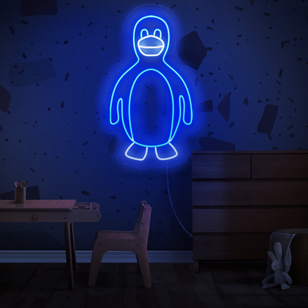 O letreiro de neon com tema de pinguim é uma adição divertida à decoração com tema ártico, lançando uma luz charmosa e energética