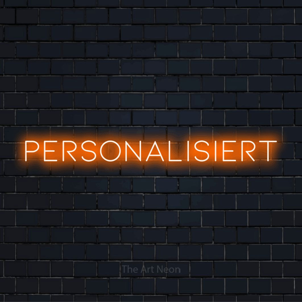 LED-Neonschild mit dem Text „Personalisiert“ auf dunkler Ziegelwand